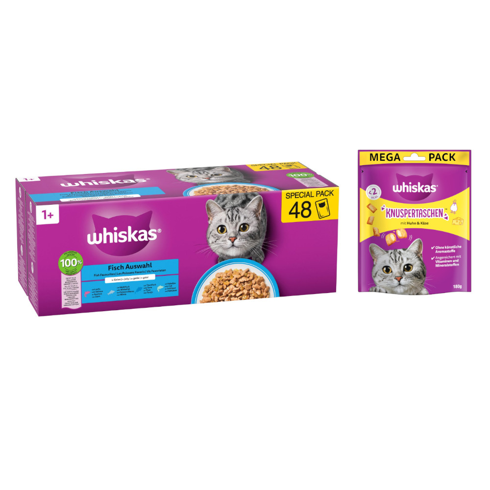 Whiskas Megapack Nassfutter + 180 g Knuspertaschen mit Huhn und Käse gratis! - Adult 1+ Fisch Auswahl in Gelee 48 x 85 g Whiskas Megapack Nassfutter + 180 g Knuspertaschen mit Huhn und Käse gratis! - Adult 1+ Fisch Auswahl in Gelee 48 x 85 g von Whiskas