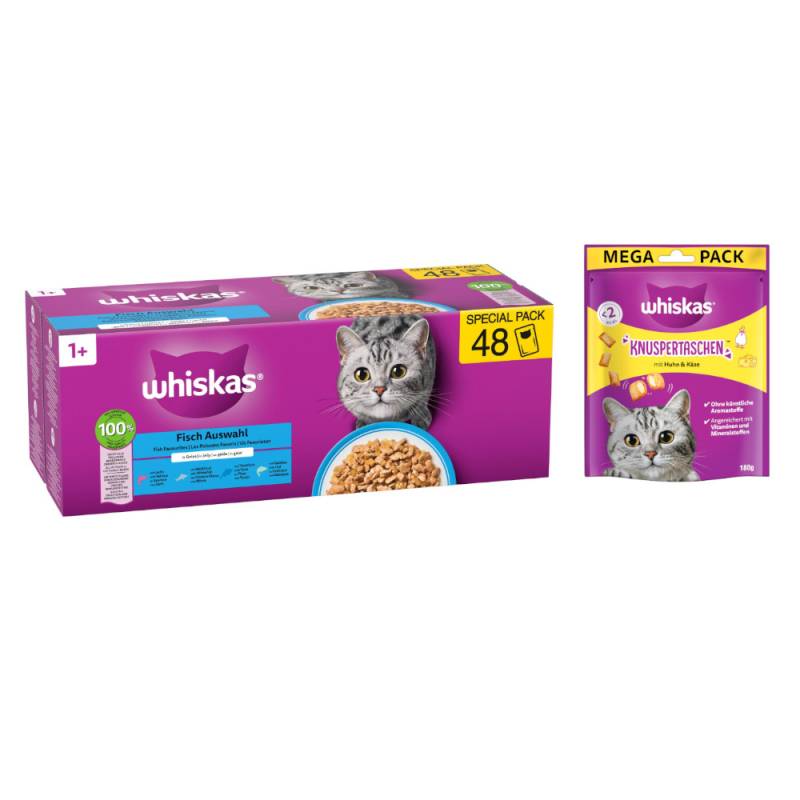 Whiskas Megapack Nassfutter + 180 g Knuspertaschen mit Huhn und Käse gratis! - Adult 1+ Fisch Auswahl in Gelee 48 x 85 g Whiskas Megapack Nassfutter + 180 g Knuspertaschen mit Huhn und Käse gratis! - Adult 1+ Fisch Auswahl in Gelee 48 x 85 g von Whiskas
