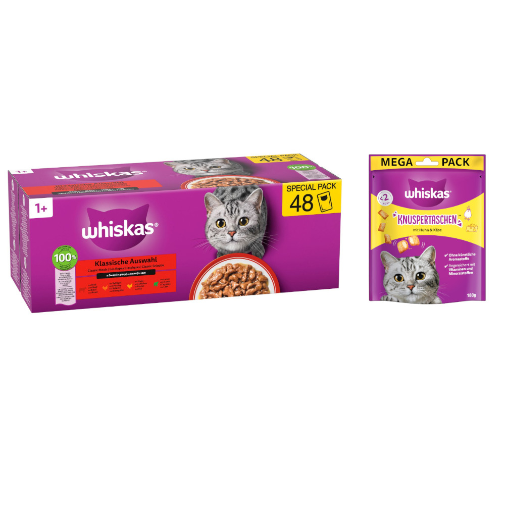 Whiskas Megapack Nassfutter + 180 g Knuspertaschen mit Huhn und Käse gratis! - Adult 1+ Klassische Auswahl in Sauce 48 x 85 g Whiskas Megapack Nassfutter + 180 g Knuspertaschen mit Huhn und Käse gratis! - Adult 1+ Klassische Auswahl in Sauce 48 x 85 g von Whiskas