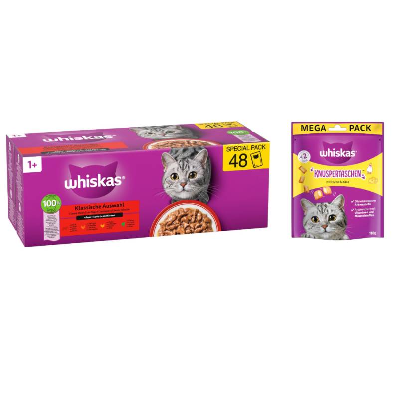 Whiskas Megapack Nassfutter + 180 g Knuspertaschen mit Huhn und Käse gratis! - Adult 1+ Klassische Auswahl in Sauce 48 x 85 g Whiskas Megapack Nassfutter + 180 g Knuspertaschen mit Huhn und Käse gratis! - Adult 1+ Klassische Auswahl in Sauce 48 x 85 g von Whiskas