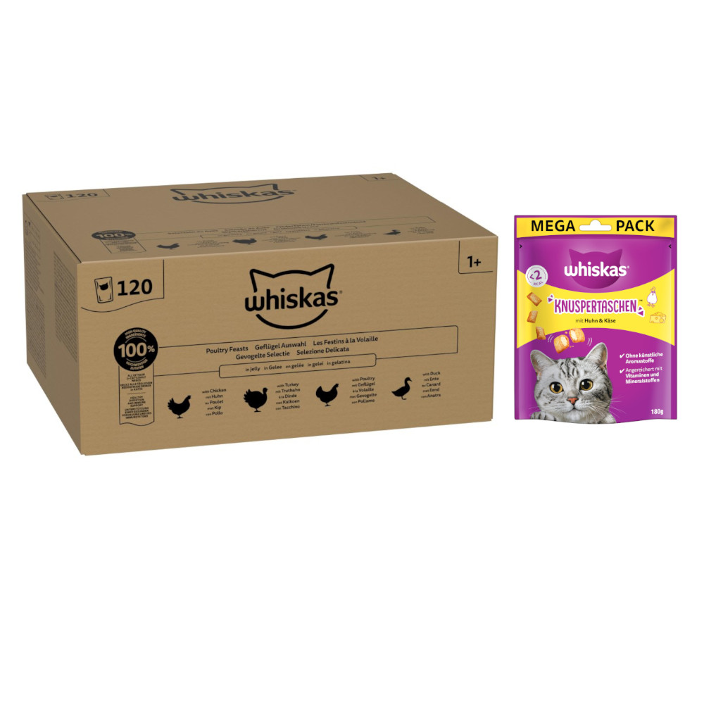 Whiskas Megapack Nassfutter + 180 g Knuspertaschen mit Huhn und Käse gratis! - Adult Geflügel Auswahl in Gelee 120 x 85 g von Whiskas