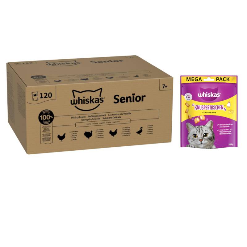 Whiskas Megapack Nassfutter + 180 g Knuspertaschen mit Huhn und Käse gratis! - Senior Geflügel Auswahl in Gelee 120 x 85 g von Whiskas