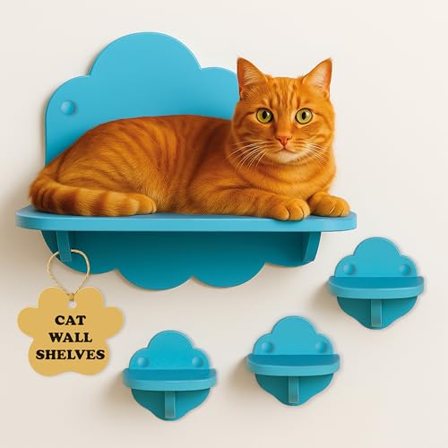 Katzen-Wandregale - Wolke Katzenregale - 1 Katzen-Sitzstange & 3 Katzenwandstufen - Katzenwandmöbel, Katzenwandkletterer, Katzenwandkunst, Katzenmöbel, Katzenklettern, Indoor-Katzen & Kätzchen - Blau von Whiskers Empire