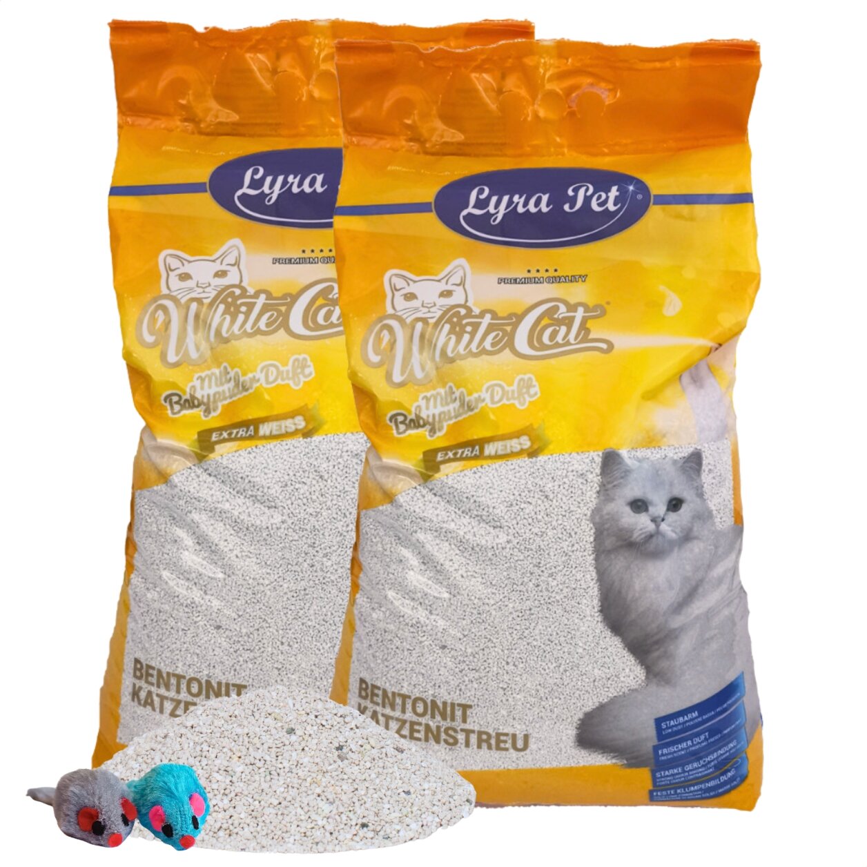 2 x 15 Liter Lyra Pet® White Cat® Katzenstreu Bentonit mit Babypuderduft + 2 Mäuse von White Cat