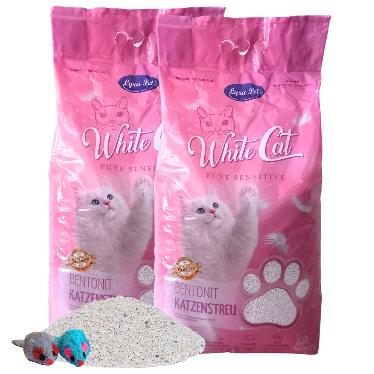 2 x 15 Liter Lyra Pet® White Cat® Pure Sensitive Katzenstreu Bentonit ohne Duft + 2 Mäuse von White Cat