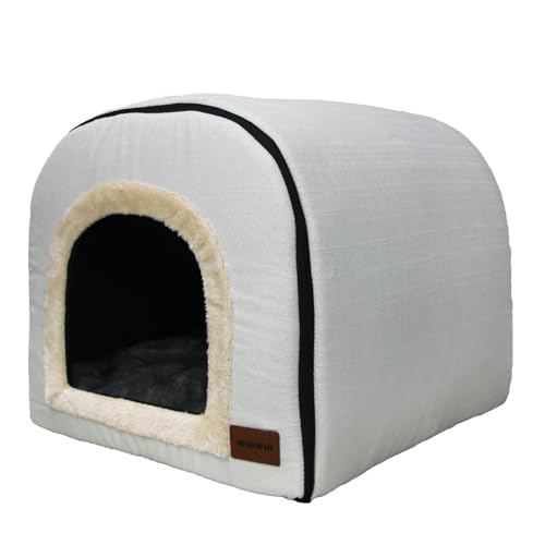 Whiwhi Katzenhöhle für Drinnen Katzen Höhlenbett mit Plüsch Katzenkissen Schlafhaus Haustierhaus Faltbares Hundehöhle 45x35x35cm(Beige) von Whiwhi