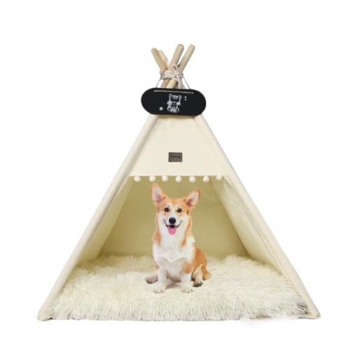 Whiwhi Tipi Zelt für Haustiere+Plüsch Hundedecke Wasserdicht Hundezelt Katzenzelt Haustierzelte Häuser mit Hundebett Haustier Zelt Möbel Abnehmbar 60x60x70cm von Whiwhi