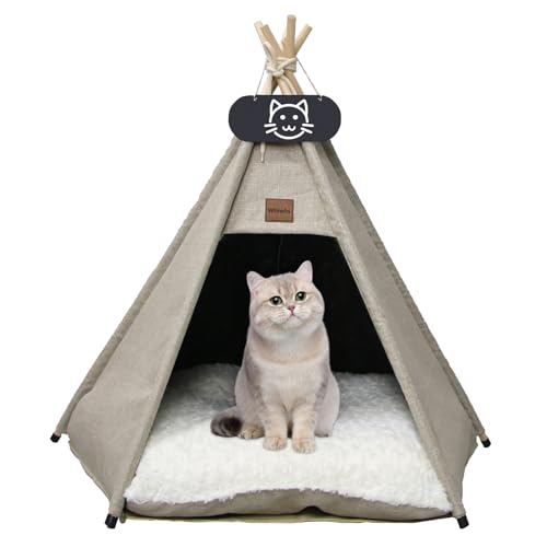 Whiwhi Tipi Zelt für Haustiere Hundezelt Katzenzelt mit Kissen Waschbar Haustierzelte Häuser Hundehöhle und Haustierhäuser Wegklappen Haustier Zelt Möbel 50x50x60cm von Whiwhi