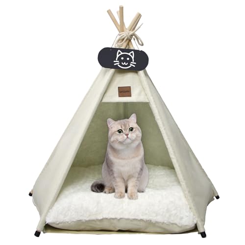 Whiwhi Tipi Zelt für Haustiere Hundezelt Katzenzelt mit Kissen Waschbar Haustierzelte Häuser Hundehöhle und Haustierhäuser Wegklappen Haustier Zelt Möbel 60x60x70cm von Whiwhi