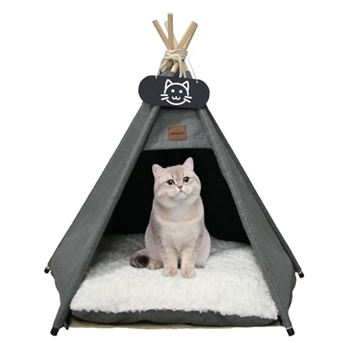 Whiwhi Tipi Zelt für Haustiere Hundezelt Katzenzelt mit Kissen Waschbar Haustierzelte Häuser Hundehöhle und Haustierhäuser Wegklappen Haustier Zelt Möbel 60x60x70cm von Whiwhi