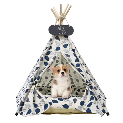 Whiwhi Tipi Zelt für Haustiere Katzenzelt aus Baumwollleinen Hundezelt Abnehmbar und Waschbar Haustier Zelte Häuser mit Kissen Haustierzelt Wegklappen Möbel 50x50x60cm von Whiwhi