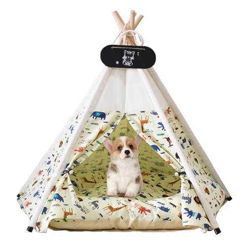 Whiwhi Tipi Zelt für Haustiere Katzenzelt aus Baumwollleinen Hundezelt Abnehmbar und Waschbar Haustier Zelte Häuser mit Kissen Haustierzelt Wegklappen Möbel 60x60x70cm von Whiwhi