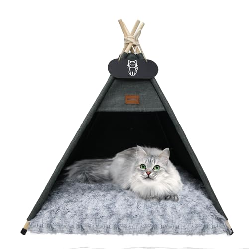 Whiwhi Tipi Zelt für Haustiere Katzenzelt mit Doppelseitiger Plüsch Matte Luxery Hundezelte Hundehöhle Abnehmbar und Waschbar Haustierhäuser 50x50x60cm von Whiwhi