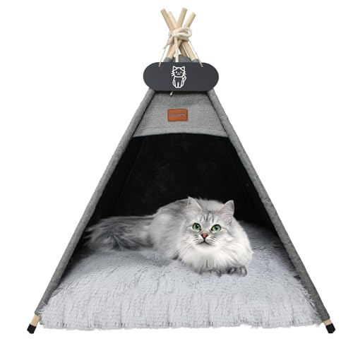 Whiwhi Tipi Zelt für Haustiere Katzenzelt mit Doppelseitiger Plüsch Matte Luxery Hundezelte Hundehöhle Abnehmbar und Waschbar Haustierhäuser 60x60x70cm von Whiwhi