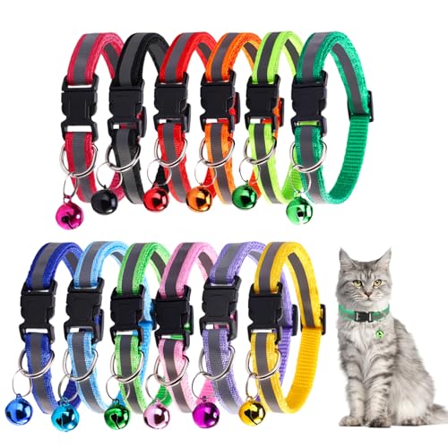 12 Stück Katzenhalsband Reflektierend, Halsband Katze Sicherheitsverschluss Verstellbare Länge 20cm-32cm, Weiches, Hautfreundliches Katzenhalsband mit Glöckchen für Alle Katzen und Welpen (12 Farben) von WhizNook