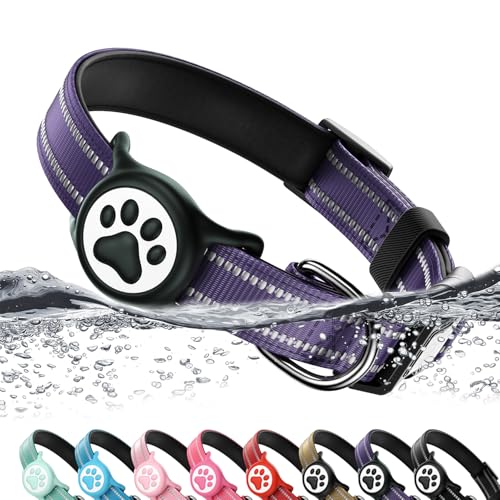 Airtag Hundehalsband, reflektierend, ultra-strapazierfähiges Nylon, gepolstert mit QR-Code-Schnalle und IP68 wasserdichter Airtag-Halter, kompatibel mit Apple AirTag, bequem für kleine, mittelgroße von WhoseID