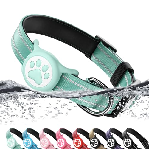 Airtag Hundehalsband, reflektierend, ultra-strapazierfähiges Nylon, gepolstert mit QR-Code-Schnalle und IP68 wasserdichter Airtag-Halter, kompatibel mit Apple AirTag, bequem für kleine, mittelgroße von WhoseID