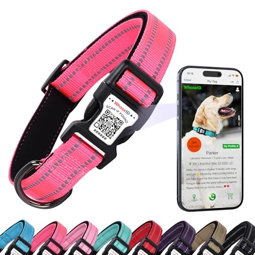 Hundehalsband mit QR-Code, reflektierendes Haustierhalsband, weiches Neopren gepolstert und Sicherheitsverriegelungsschnalle, verstellbares Hundehalsband für große Hunde (Rose, L) von WhoseID