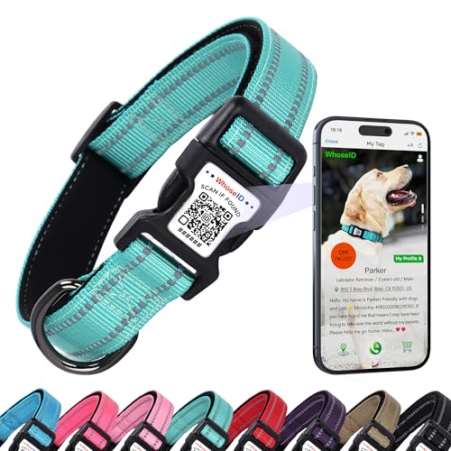 Hundehalsband mit QR-Code, reflektierendes Hundehalsband, weiches Neopren gepolstert & Sicherheitsverriegelungsschnalle, verstellbares Haustierhalsband (Blaugrün, X-Small) von WhoseID
