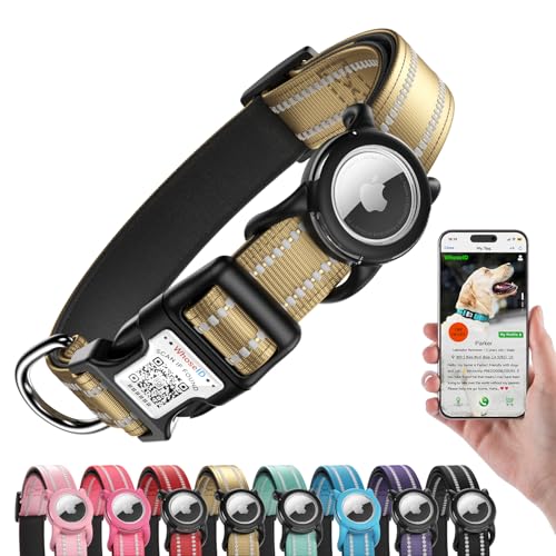 Hundehalsband mit QR-Code, reflektierendes Hundehalsband, weiches Neopren gepolstert & Sicherheitsverriegelungsschnalle, verstellbares Haustierhalsband (Braun, L mit Airtag-Halterung) von WhoseID