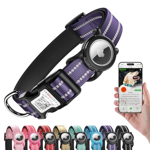 Hundehalsband mit QR-Code, reflektierendes Hundehalsband, weiches Neopren gepolstert & Sicherheitsverriegelungsschnalle, verstellbares Haustierhalsband (Lila, L mit Airtag-Halterung) von WhoseID