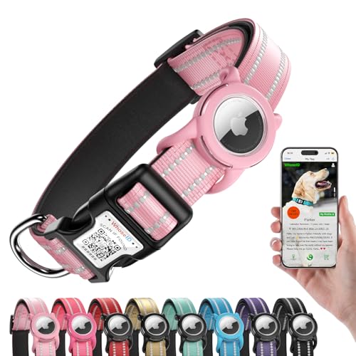 Hundehalsband mit QR-Code, reflektierendes Hundehalsband, weiches Neopren gepolstert & Sicherheitsverriegelungsschnalle, verstellbares Haustierhalsband (Rosa, M mit Airtag-Halterung) von WhoseID