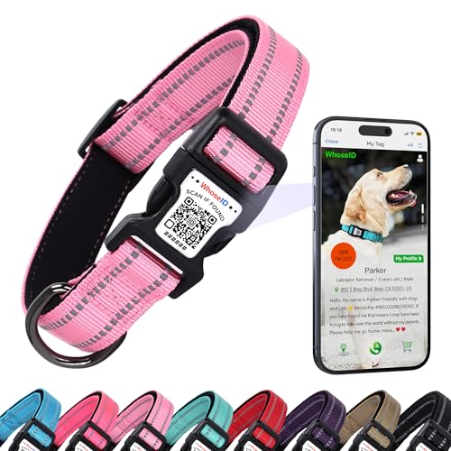 Hundehalsband mit QR-Code, reflektierendes Hundehalsband, weiches Neopren gepolstert & Sicherheitsverriegelungsschnalle, verstellbares Haustierhalsband (Rosa, XS) von WhoseID