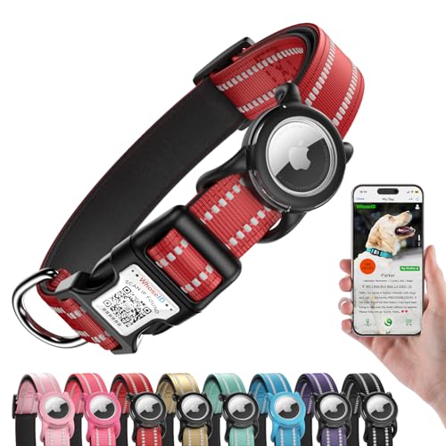 Hundehalsband mit QR-Code, reflektierendes Hundehalsband, weiches Neopren gepolstert & Sicherheitsverriegelungsschnalle, verstellbares Haustierhalsband (Rot, XS - mit Airtag-Halterung) von WhoseID