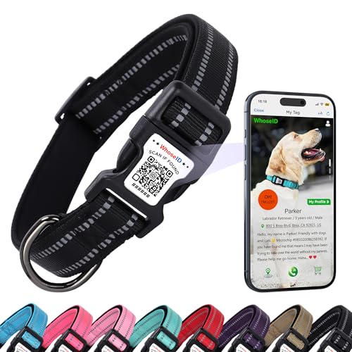 Hundehalsband mit QR-Code, reflektierendes Hundehalsband, weiches Neopren gepolstert & Sicherheitsverriegelungsschnalle, verstellbares Haustierhalsband (Schwarz, M) von WhoseID
