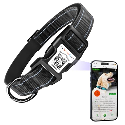 Hundehalsband mit QR-Code, reflektierendes Haustierhalsband, weiches Neopren gepolstert & Sicherheitsverriegelungsschnalle, verstellbares Hundehalsband für große Hunde (L, Schwarz) von WhoseID