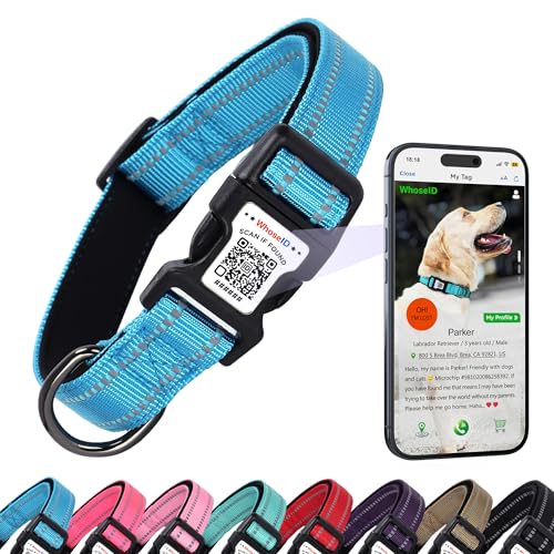 Hundehalsband mit QR-Code & NFC-ID-Tag, reflektierendes Haustierhalsband, weich gepolstert & Sicherheitsverriegelungsschnalle, verstellbares Welpenhalsband (Blau, XS) von WhoseID