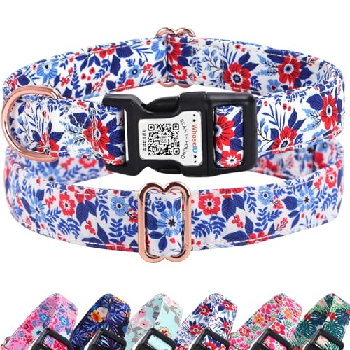 Niedliches Hundehalsband mit QR-Code-Schnalle, verstellbarer Metallclip und Baumwollgewebe, bequeme Passform für kleine, mittelgroße und große Haustiere (Blau, S) von WhoseID