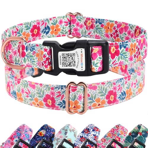 Niedliches Hundehalsband mit QR-Code-Schnalle, verstellbarer Metallclip und Baumwollgewebe, bequeme Passform für kleine, mittelgroße und große Haustiere (Rosa, M) von WhoseID
