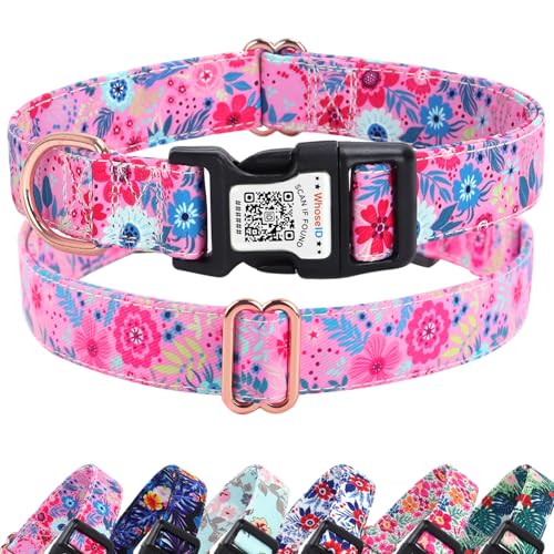 Niedliches Hundehalsband mit QR-Code-Schnalle, verstellbarer Metallclip und Baumwollgewebe, bequeme Passform für kleine, mittelgroße und große Haustiere (Rot, S) von WhoseID