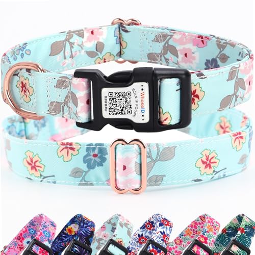 Niedliches Hundehalsband mit QR-Code-Schnalle, verstellbarer Metallclip und Baumwollgewebe, bequeme Passform für kleine, mittelgroße und große Haustiere (Weiß, L) von WhoseID