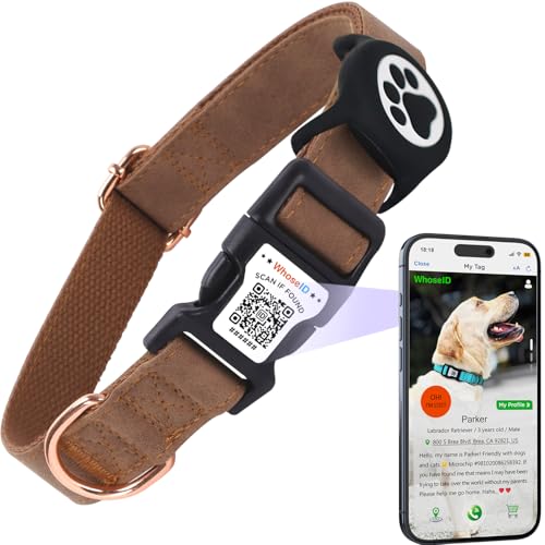 WhoseID Hundehalsband aus Leder mit wasserdichter AirTag-Halterung, QR-Code-Schnalle, verstellbare Länge für mittelgroße Hunde (Braun, mittelgroße Hunde) von WhoseID