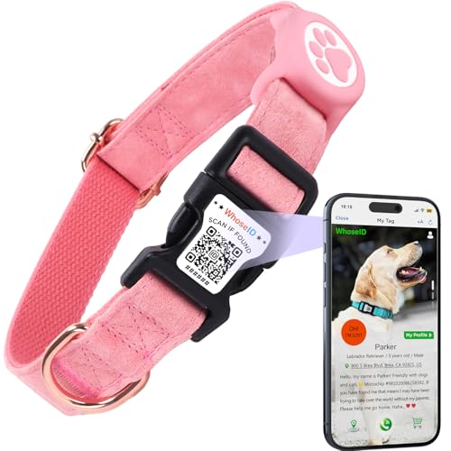 WhoseID Hundehalsband aus Leder mit wasserdichter AirTag-Halterung, QR-Code-Schnalle, verstellbare Länge für mittelgroße Hunde (Rosa, mittelgroße Hunde) von WhoseID