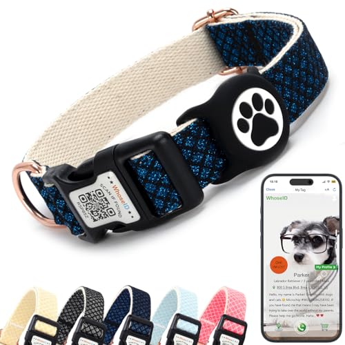 WhoseID Hundehalsband mit wasserdichtem AirTag-Halter und Anti-Verlust-QR-Code, niedliches Glitzer-Verziehen, verstellbare Breite für kleine, mittelgroße und große Haustiere (Blau, S) von WhoseID