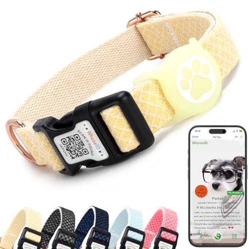 WhoseID Hundehalsband mit wasserdichtem AirTag-Halter und Anti-Verlust-QR-Code, niedliches Glitzer-Verziehen, verstellbare Breite für kleine, mittelgroße und große Haustiere (Gelb, M) von WhoseID