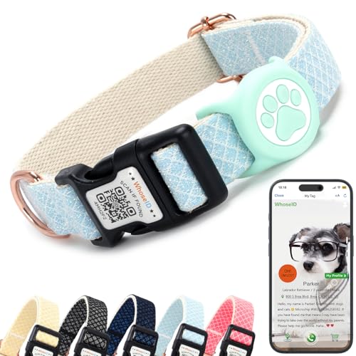 WhoseID Hundehalsband mit wasserdichtem AirTag-Halter und Anti-Verlust-QR-Code, niedliches Glitzer-Verziehen, verstellbare Breite für kleine, mittelgroße und große Haustiere (Hellblau, S) von WhoseID