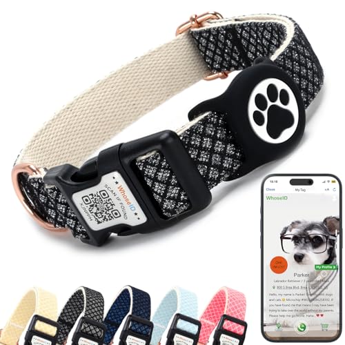 WhoseID Hundehalsband mit wasserdichtem AirTag-Halter und Anti-Verlust-QR-Code, niedliches Glitzer-Verziehen, verstellbare Breite für kleine, mittelgroße und große Haustiere (Schwarz, S) von WhoseID