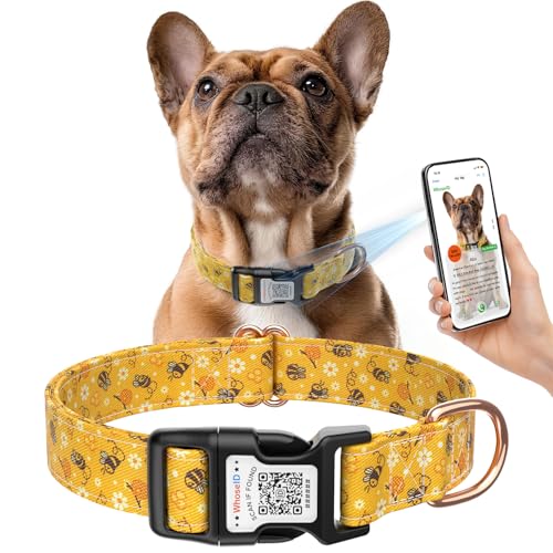 WhoseID Kleines Hundehalsband mit Namen QR-Code – Blumenmuster, weich, dünn, niedliches Hundehalsband für Welpen, bequem, verstellbar, Baumwolle, mit Schnalle von WhoseID