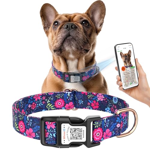 WhoseID Niedliches Hundehalsband mit Namen QR-Code – weiches, dünnes Halsband für weibliche mittelgroße Hunde – bequeme Baumwolle, verstellbar, Mädchen-Hundehalsband mit Schnalle von WhoseID