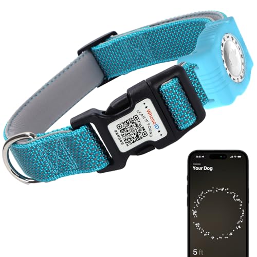WhoseID Reflektierendes Hundehalsband mit AirTag-Halterung, verstellbares Hundehalsband mit Neopren gepolstert und Anti-Verlust-QR-Code-Schnalle (Blau, Größe L) von WhoseID