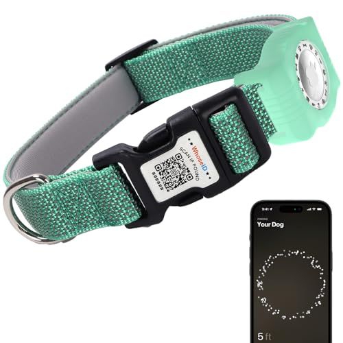 WhoseID Reflektierendes Hundehalsband mit AirTag-Halterung, verstellbares Hundehalsband mit Neopren gepolstert und Anti-Verlust-QR-Code-Schnalle (Grün, Größe M) von WhoseID