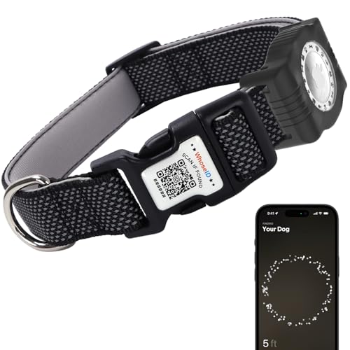 WhoseID Reflektierendes Hundehalsband mit AirTag-Halterung, verstellbares Hundehalsband mit Neopren gepolstert und Anti-Verlust-QR-Code-Schnalle (Schwarz, Größe XS) von WhoseID