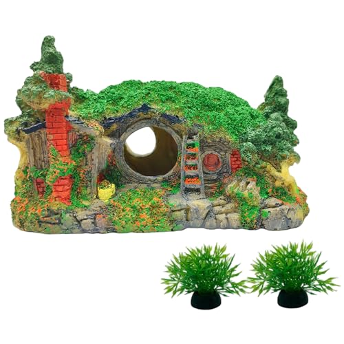 Whyzsjnclg Aquariumhöhle, Aquarium-Versteck 6x4x4 Mossed hausförmige Höhle mit 2 Seegras-Tauchplastik für Enthusiasten von Whyzsjnclg