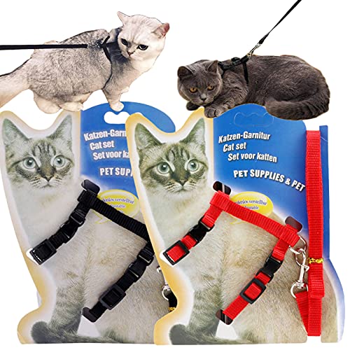 Widream 2 pcs Katze Geschirr mit Leine und Halsbänder, Ausbruchsichere Cat Harness, Verstellbare Geschirre Katzenleine, für Katzen Kleine Hunde Kaninchen (Schwarz Rot) von WiDream