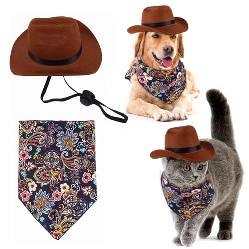 WideSmart Cowboyhut für Hunde und Katzen,Hut für Hund Cat, mit Bandana-Schal, Mini-Haustierkostüm für Halloween,Geeignet für Welpen und Kätzchen, Haustierparty-Urlaub und Tägliche Dekoration von WideSmart