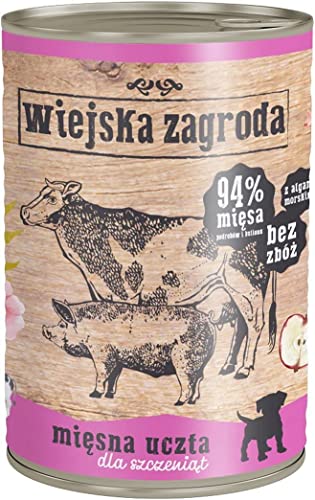 Wiejska Zagroda Welpen Nassfutter mit Rind, Pute und Schwein 400g | Hundefutter | Getreidefrei | Glänzendes und gesundes Fell | Reichhaltige Proteinquelle von Wiejska Zagroda